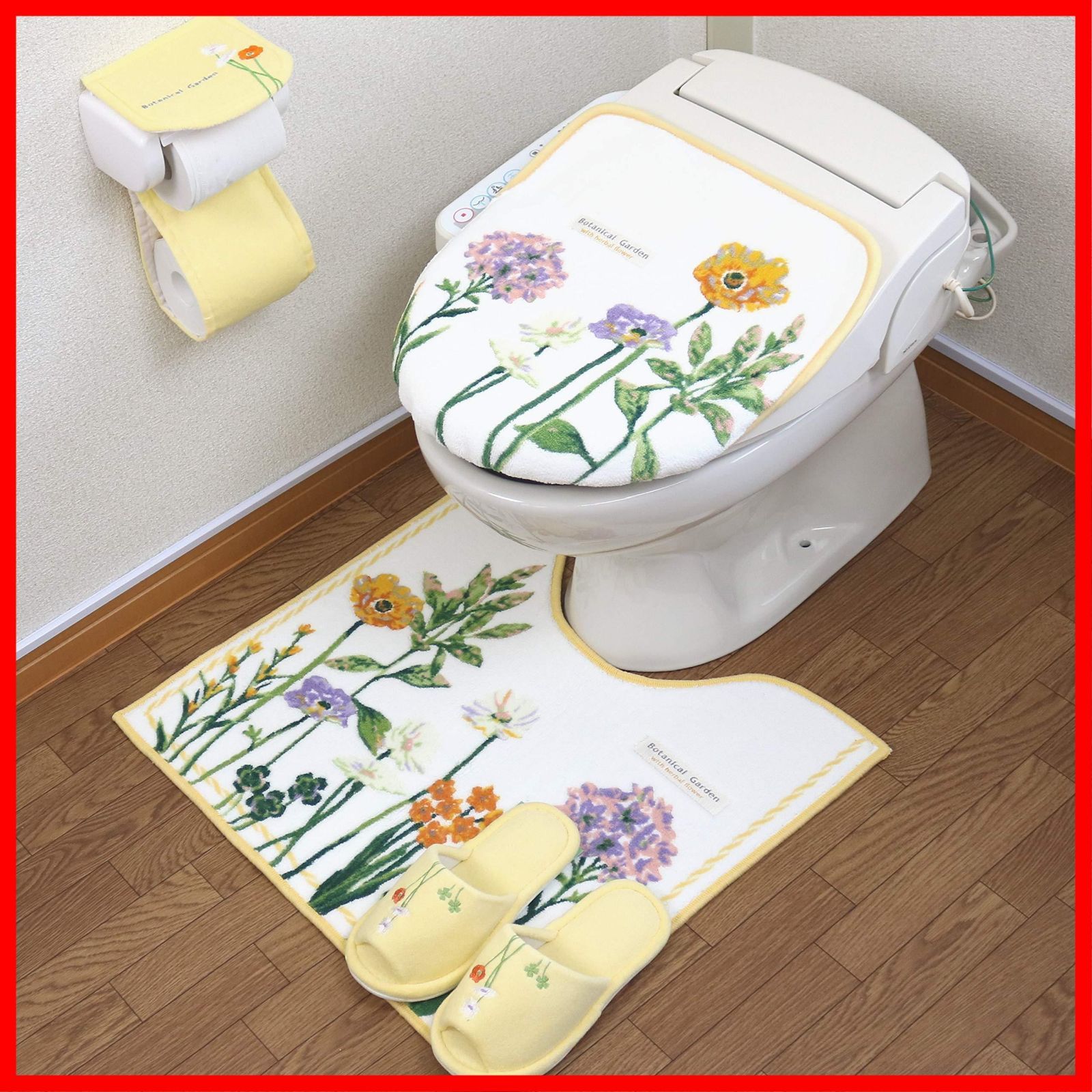 トイレマット ４点 セット イエロー 北欧 トイレマット＋ 吸着タイプ フタカバー ＋ スリッパ ＋ ペーパーホルダーカバー 金運 黄色 風水 オカ ボタニカル 吸水 抗菌