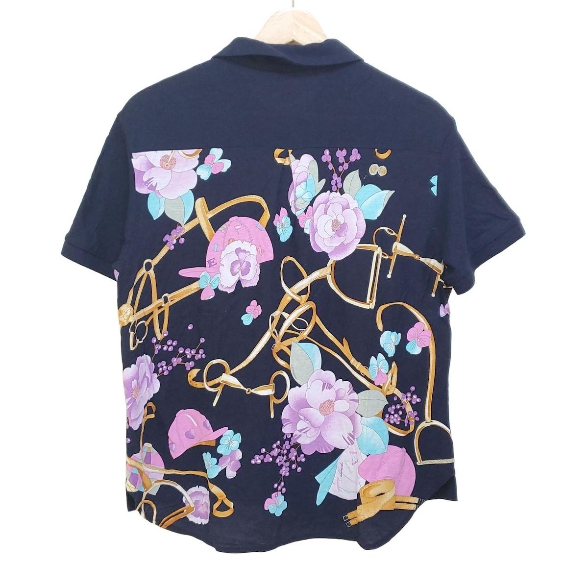 LEONARD SPORT レオナールスポーツ 半袖ポロシャツ サイズ42 L レディース - 黒×パープル×マルチ 花柄