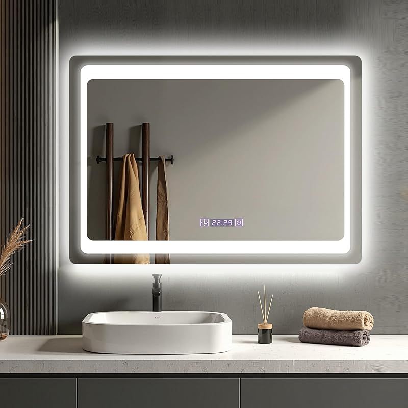 ミルオ君の鏡工房 LEDミラー 鏡 曇り止め 浴室鏡 LEDライト付き ウォールミラー 壁掛け 洗面台 省エネ 明るさ調整 飛散防止 内臓型 方型 横掛け 50x70cm 1