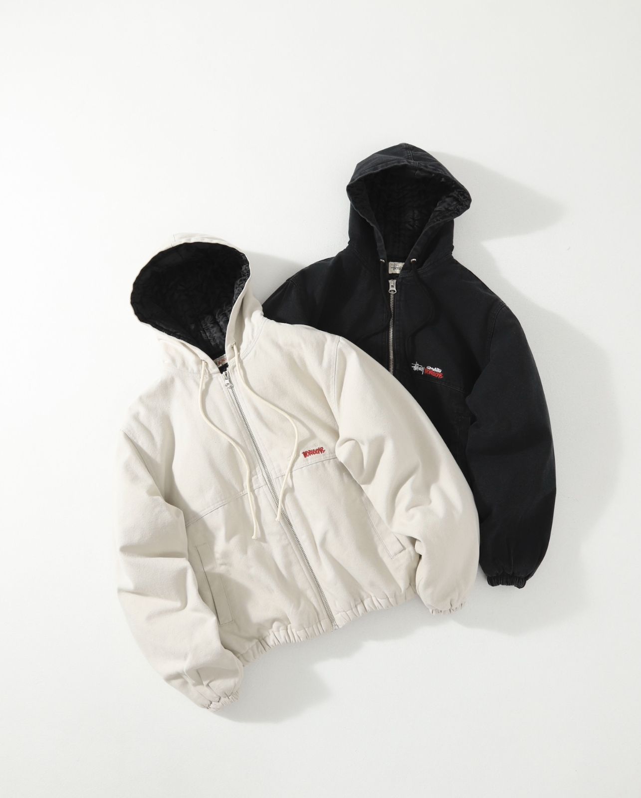 Stussy 24FW ヴィンテージウォッシュ加工 刺繍ロゴ ジップジャケット 中綿コート