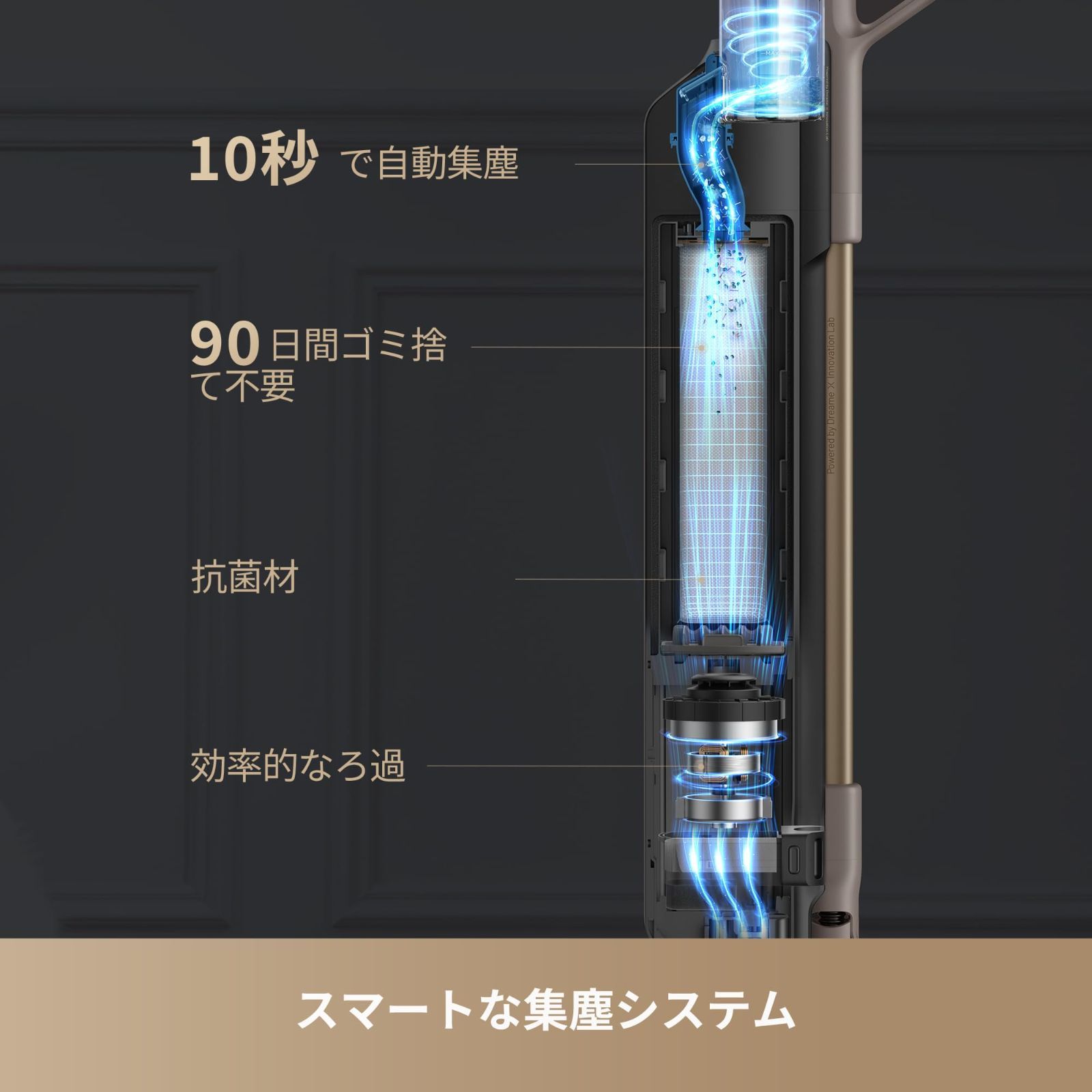 150AW強力吸引で65分連続清掃 自動集塵付きコードレススティック掃除機