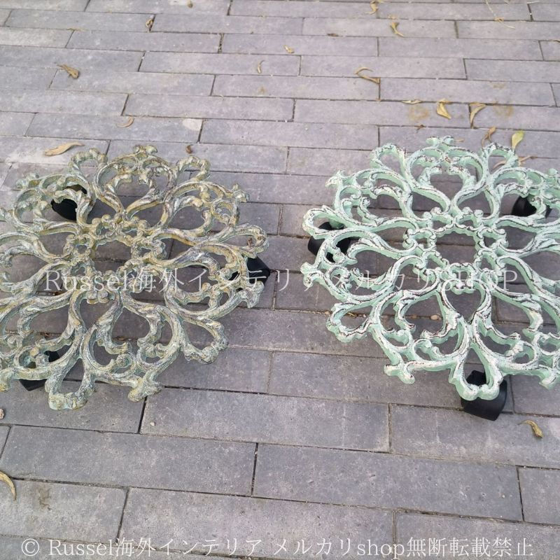 フラワースタンド 鋳鉄製 ヴィンテージ調 グリーン ゴールド キャスター付き 可動式 ガーデニング 雑貨 ガーデン雑貨 ガーデンインテリア ガーデン インテリア 庭の装飾 お洒落 おしゃれ 8-14