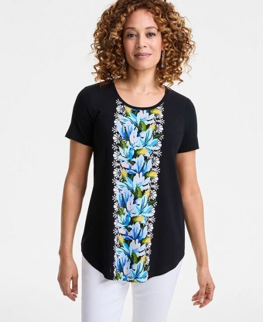 売れ筋商品|||ジェイエムコレクション カットソー トップス レディース Petite Floral Scoop-Neck Short-Sleeve Top, Exclusively at Macy's Deep Black JM Collection Women's Printed Scoop-Neck Short Sleeve Top