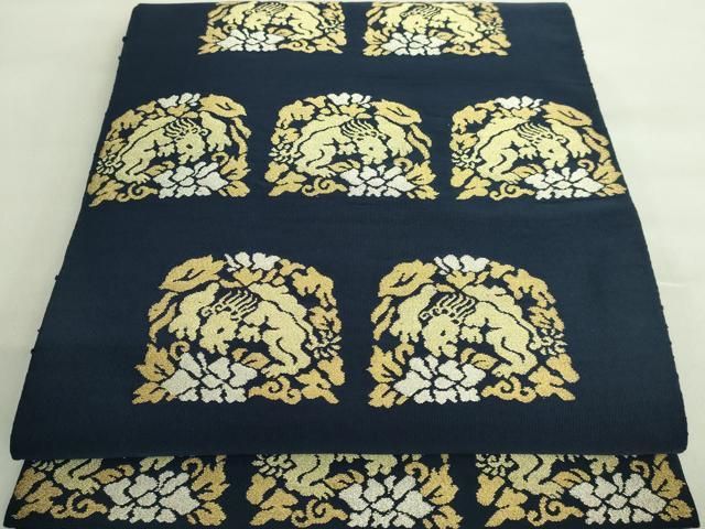 平和屋着物■極上　綴れ　太鼓柄袋帯　名物裂　金襴　金銀糸　鉄紺色地　逸品　DZAA8569kh5 平和屋着物□極上 綴れ 太鼓柄袋帯 名物裂 金襴 金銀糸 鉄紺色地 逸品