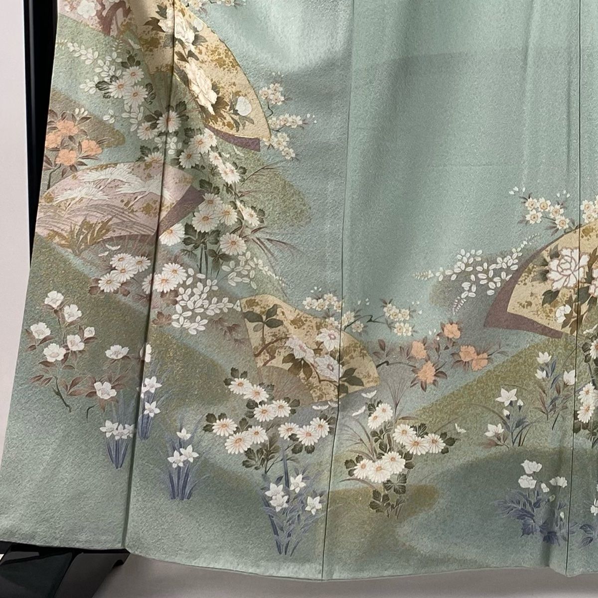 訪問着 身丈161.5cm 裄丈65cm M 袷 扇 牡丹 金糸 金彩 薄緑 正絹 秀品