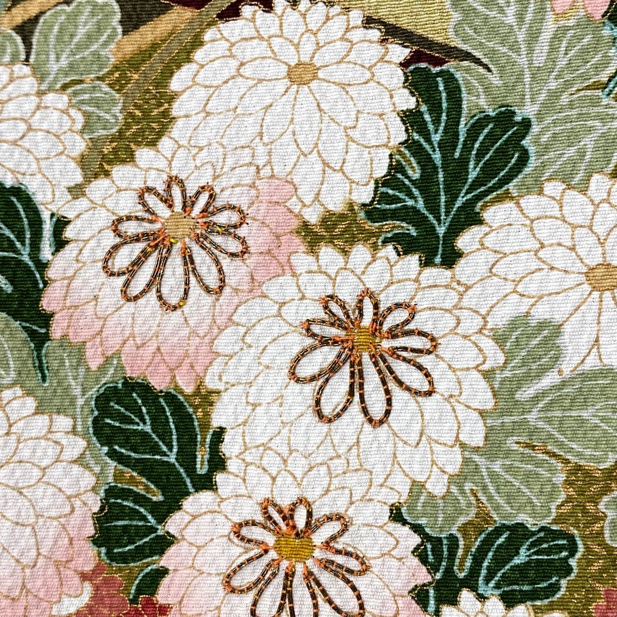 振袖 身丈159.5cm 裄丈68cm L 袷 花車 牡丹 刺繍 箔 紺色 正絹