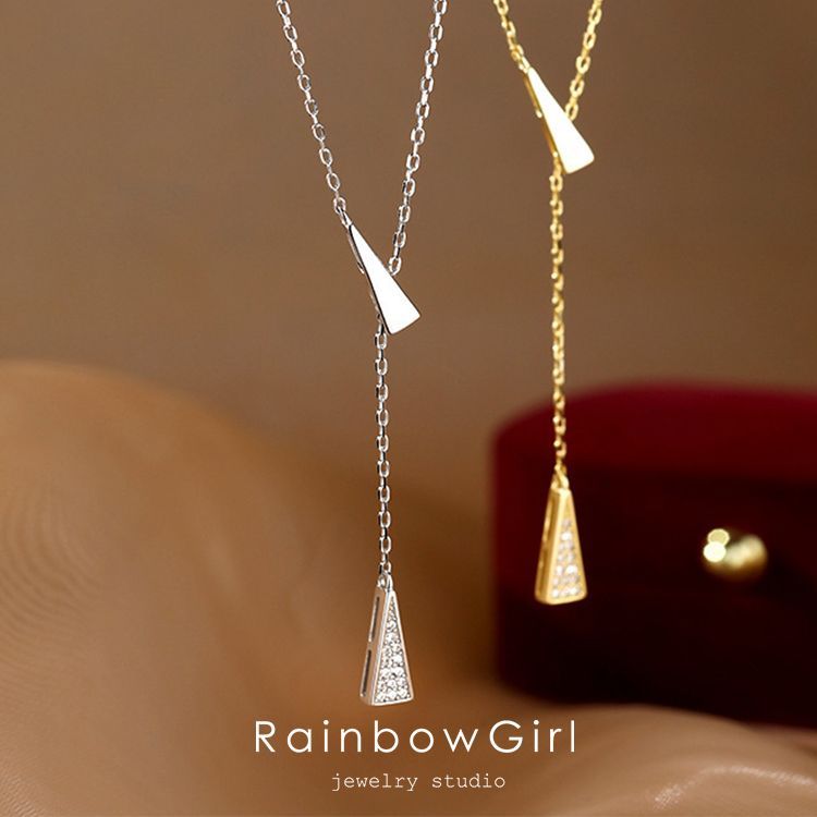 ネックレス レディース シンプル ラリエット CZダイヤ 三角 プラチナ仕上げ ゴールド 女性 誕生日プレゼント 人気