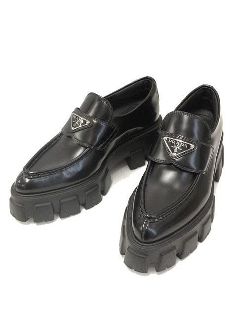 極美品　現行　プラダ モノリス ブラッシュドレザーローファー 黒　厚底　36 PRADA☆直営店買付☆モノリス ブラッシュドレザー ローファー