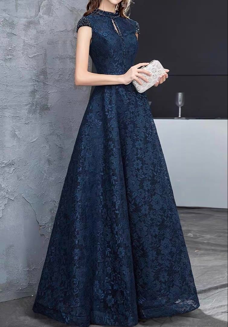 繊細な花柄レースにビジューが美しい 半袖 イブニングドレス - メルカリ