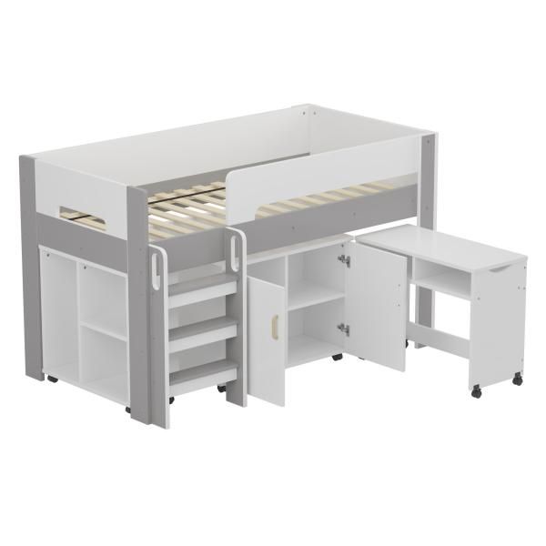  システムベッド ロフトベッド 階段付き S 木製 高さ120 cm 耐荷重200 kg シングル ベッド ロータイプ デスク 本棚 机付き 学習机 コンパクト 本棚付き 収納 子ども用学習机 椅子 子ども用家具