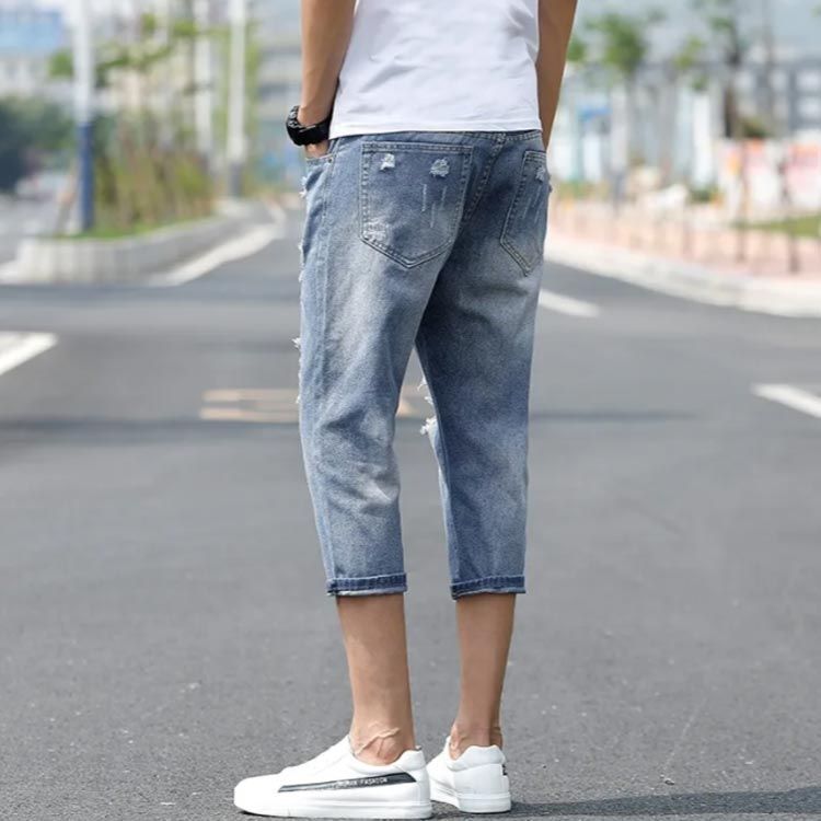 デニム ハーフパンツ 膝下丈 ダメージ メンズ デニム ショート