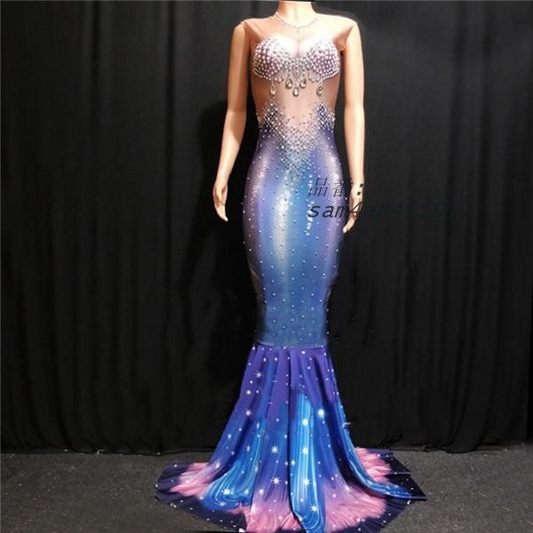 ラインストーンダンスドレス 歌手ステージダンスラインストーンイブニング末尾ドレス