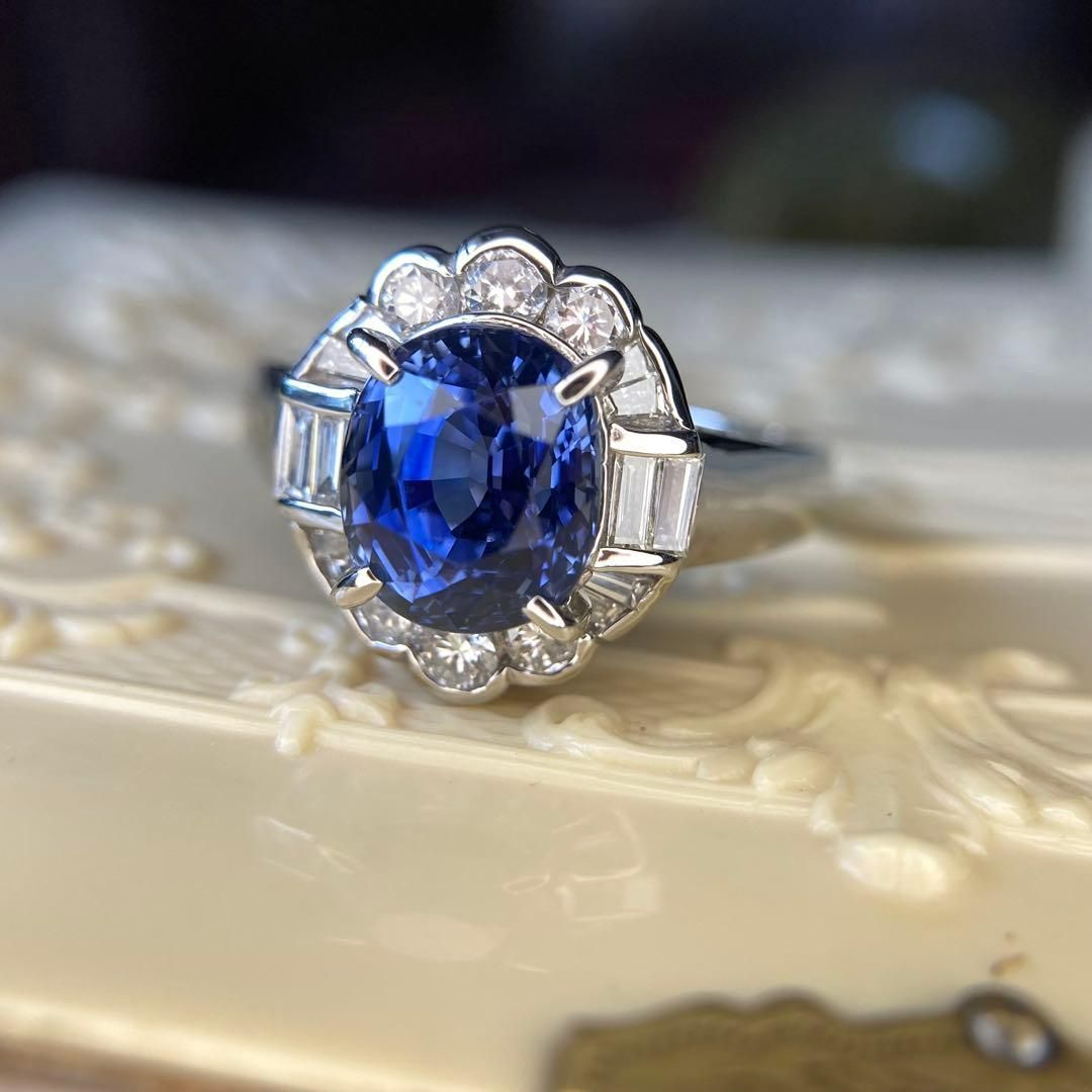 商談中 pt900 スリランカ産美しい ブルーサファイア3.47ct ダイヤモンド リング