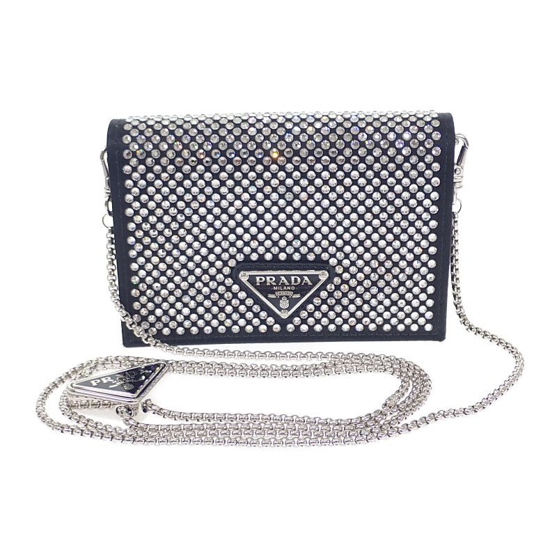 プラダ PRADA ストラップ付き 1MR024_2AWL_F0T7O カードケース シルク ブラック シルバー金具 レディース Aランク