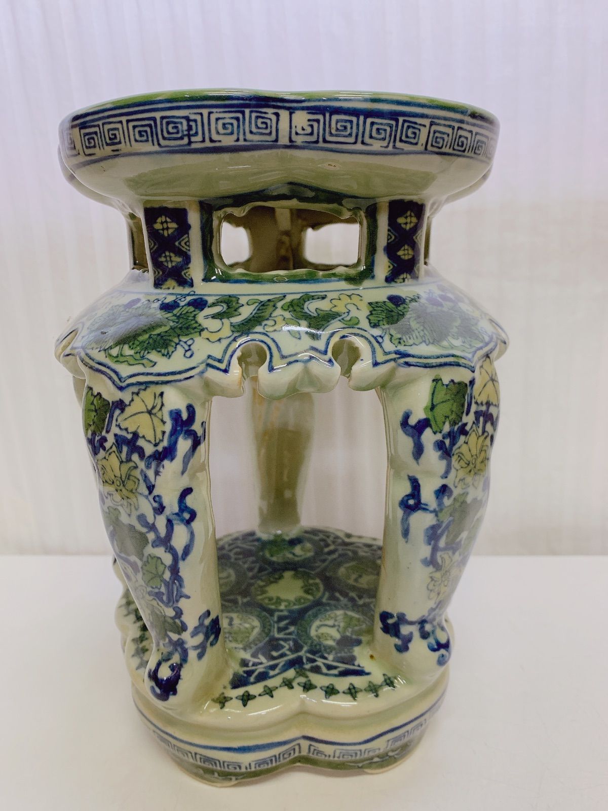 陶器製 高品質 椅子 花台 飾台 スツール フラワーベース 鳳凰文 染付