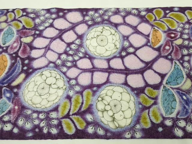 平和屋本店□極上 初代 久保田一竹 幻の辻が花 太鼓柄袋帯 銀通し地