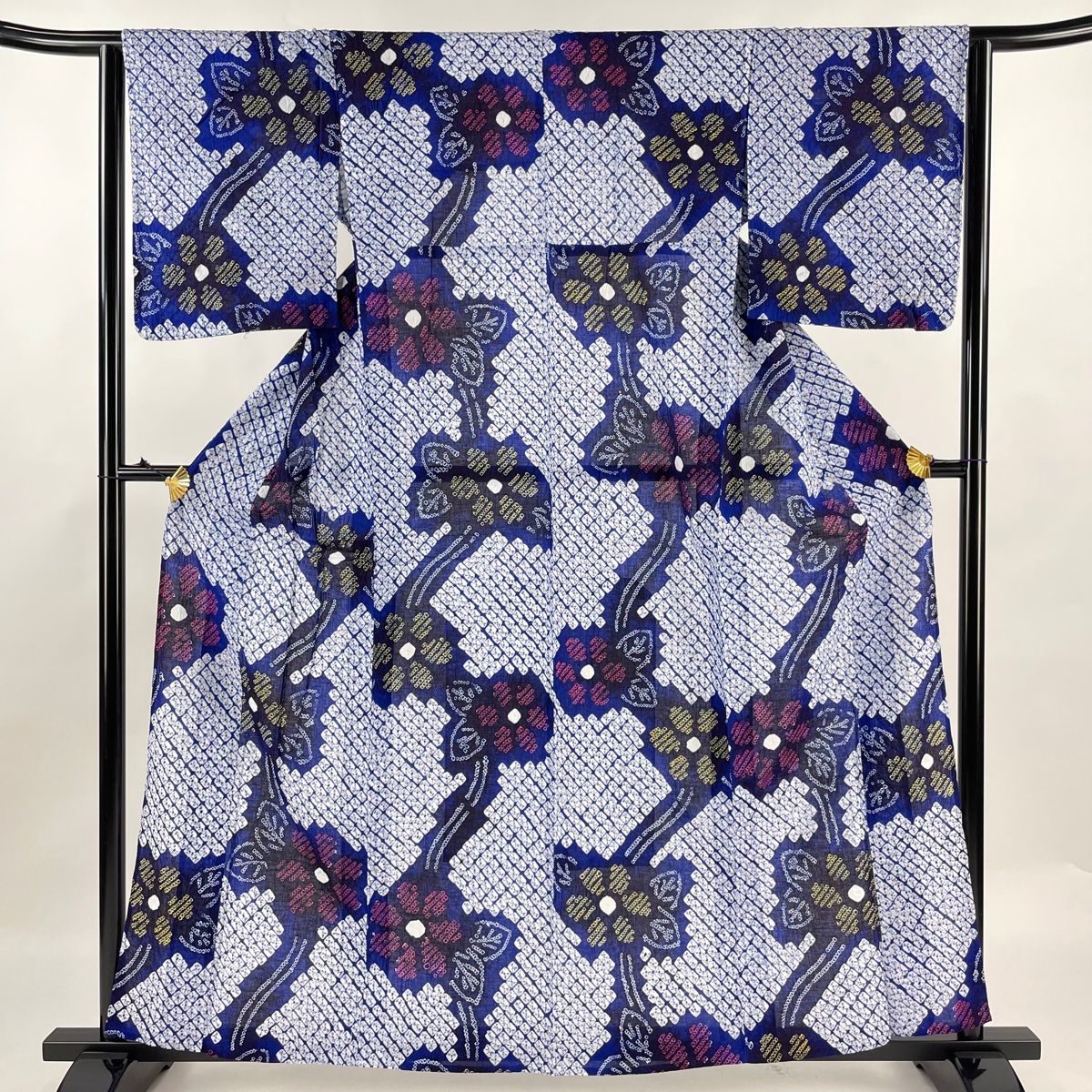 浴衣 身丈160cm 裄丈63cm S 絞り浴衣 草花 藍色 綿 名品