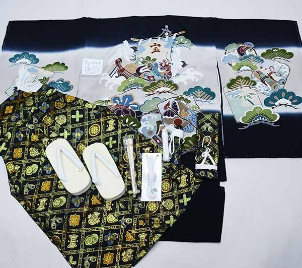 七五三 五歳 男児 正絹 羽織袴フルセット 黒地 暈し 手染め 宝船 生地