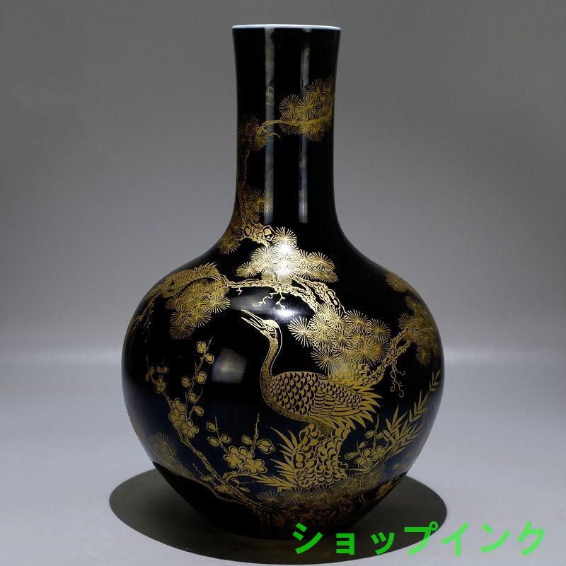 清康熙烏金釉本金手描き松鶴延年天球瓶 景徳鎮 陶磁器 装飾品現代工芸品美術品置物 清康熙烏金釉本金手描き松鶴延年天球瓶 景徳鎮 陶磁器 装飾品