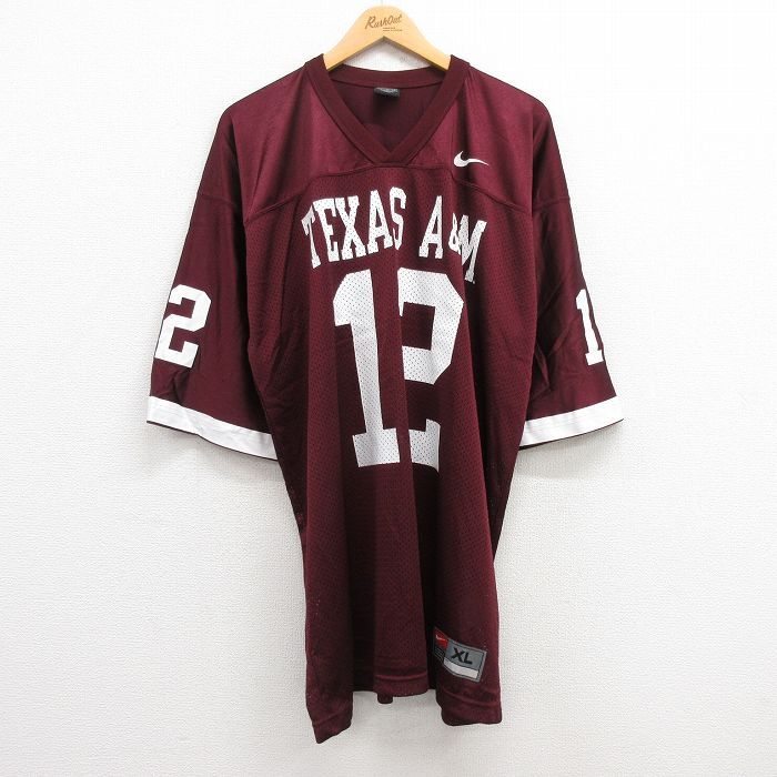 XL/古着 ナイキ NIKE 半袖 ビンテージ フットボール Tシャツ メンズ 00s テキサス Au0026M 12 メッシュ地 大きいサイズ ロング丈 Vネック エン