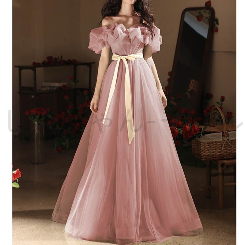 ドレス カクテルドレス ロングドレス パーティードレス ピンク コサージュ 発表会 演奏会 ステージドレス イブニン