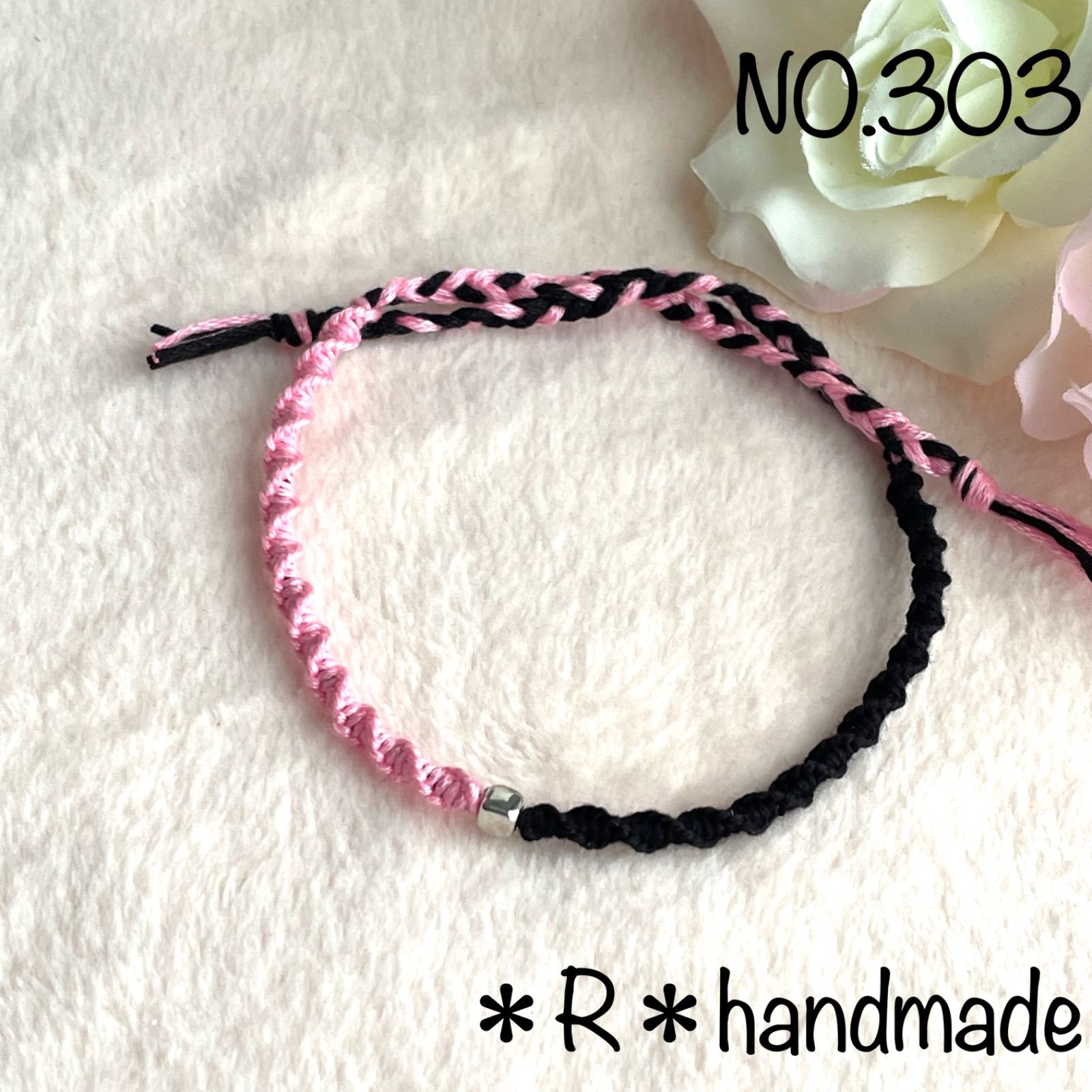 ハンドメイド ミサンガ アンクレット バイカラー黒×ピンク レディース