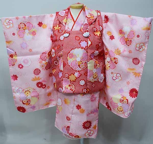 七五三 三歳 女児 被布着物フルセット 百花繚乱 赤色×ピンク お仕立て無料 七五三 三歳 女児 被布着物フルセット 百花繚乱 赤色×ピンク 祝着 三才