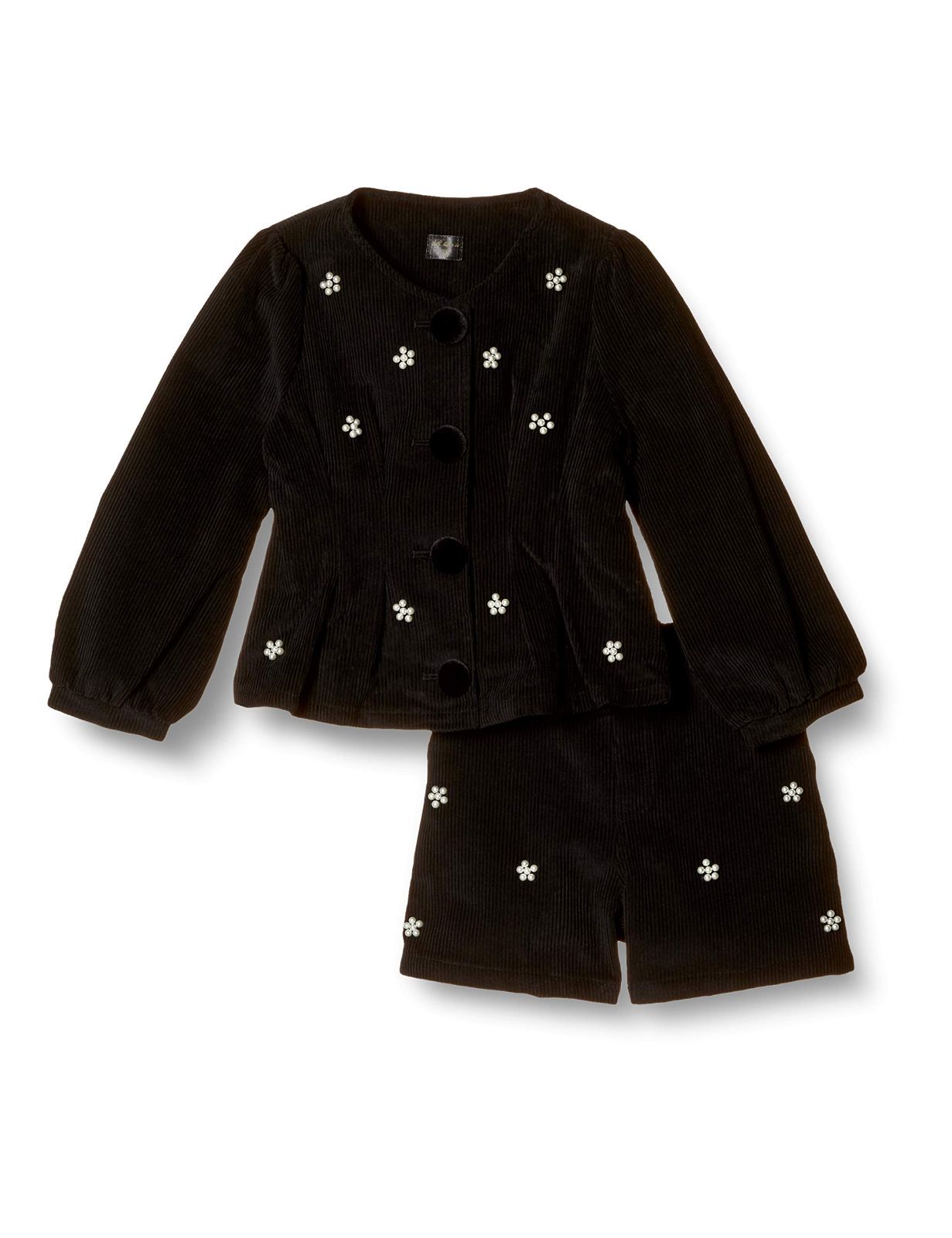 110_ブラック 子供服Rora コーデュロイ ジャケット パンツ 【クローイ 上下セット】 子供服 キッズ 女の子 ブラック 黒 コーデュロイ 大人っぽい お出かけ 通学 通園 おしゃれ ボタン パール 着