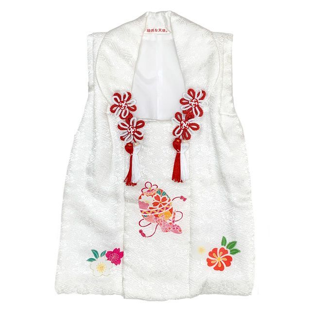 七五三 三歳 女の子 被布セット 正絹被布コート 草履 巾着 足袋 4点コーデセット 白 鈴に折鶴 HHF 174-4 set 01