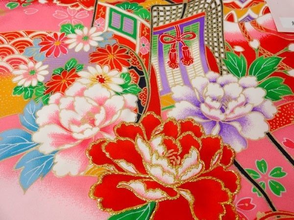 □お宮参り 産着 着物 女の子□花ひめ 赤／御所車 毬 牡丹 NO.12