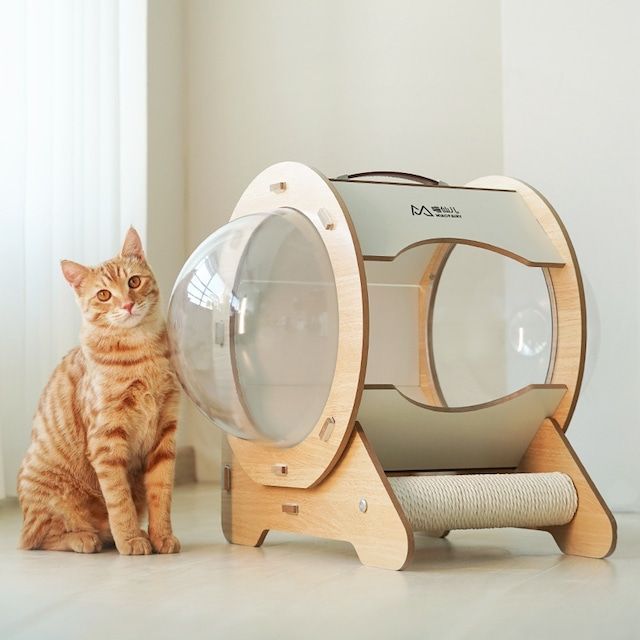 キャットハウス 猫ハンモック 猫ベッド ペットハウス 猫ハウス キャットカプセル ドームハウス 木製 天然木 無害 丸形 八角形 2種類 遊び場 耐水性 耐湿性 爪研ぎ 天然無垢材 透明アクリル板 麻ロープ 手軽な分解 カンタン清掃