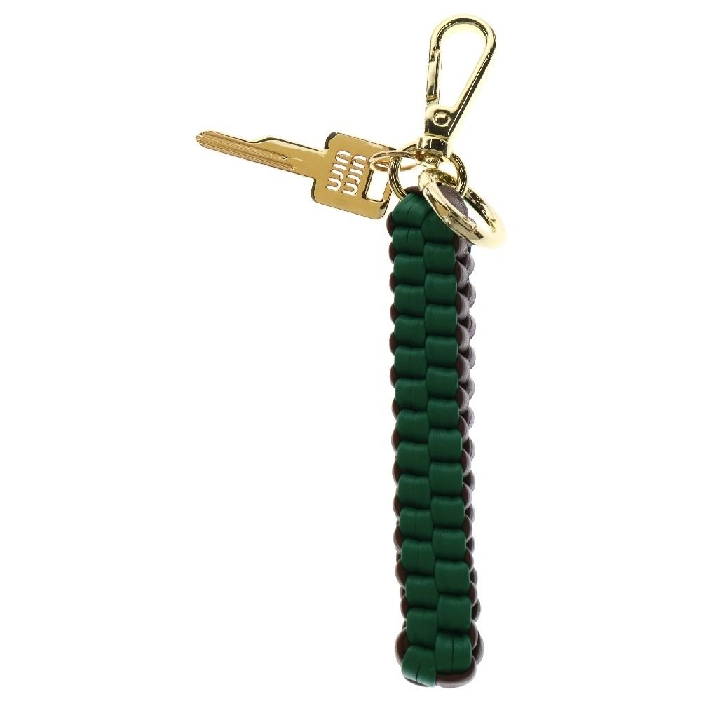 ♠ miumiu ミュウミュウ ブレイドコード キーホルダー グリーン×ブラウン ゴールド金具 レザー×GP キーリング バッグチャーム