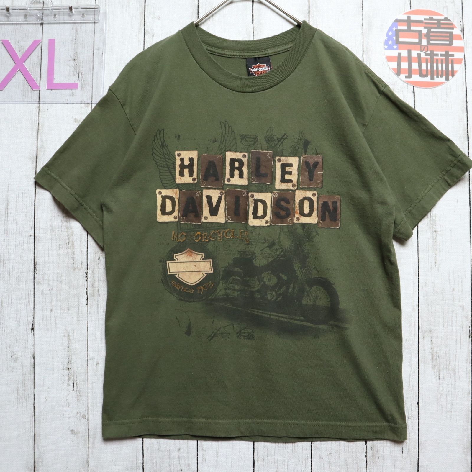 レディースXL 【A品】 90s 00sメキシコ製 HARLEY DAVIDSON ハーレーダビッドソン  Tシャツ 半袖 バイク 両面プリント 無地 カーキ 厚手 ヘビーウェイト 春夏 ヴィンテージ USA古着 M4b905