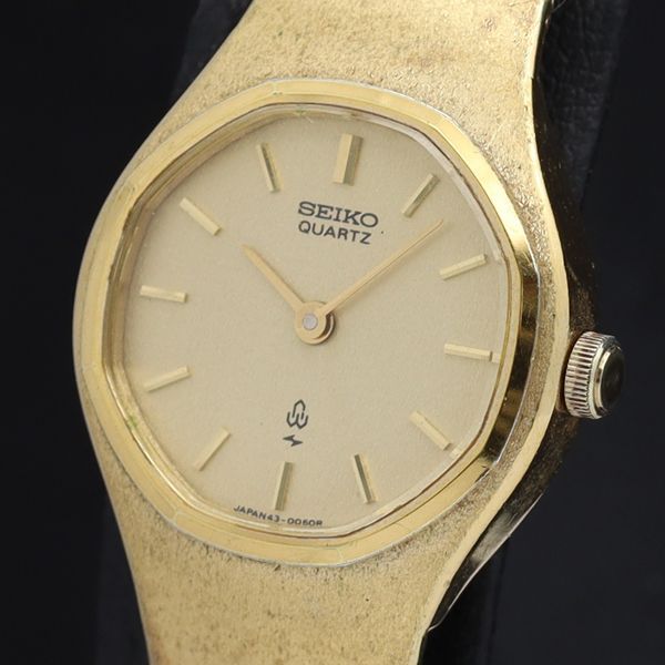 稼働 良品 セイコー QZ 43-7000 ゴールド文字盤 ラウンド レディース