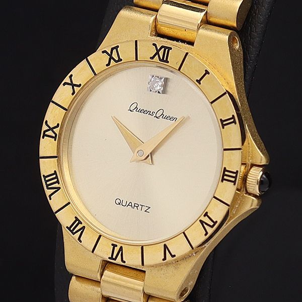 クイーンズクイーン QZ 0.015ct ゴールド文字盤 石付 ラウンド
