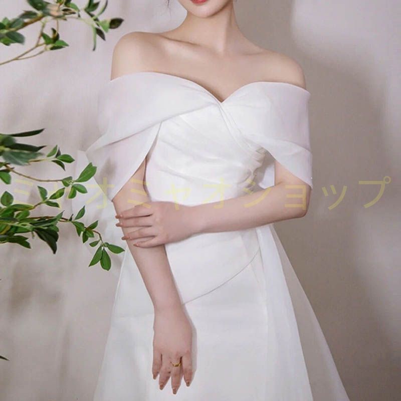 ウェディングドレス 花嫁 二次会 ウエディングドレス 結婚式 ロングドレス Aライン チュール オフショルダー トレーン シフォン リボン 挙式 披露宴 ブライダル 大人 1096