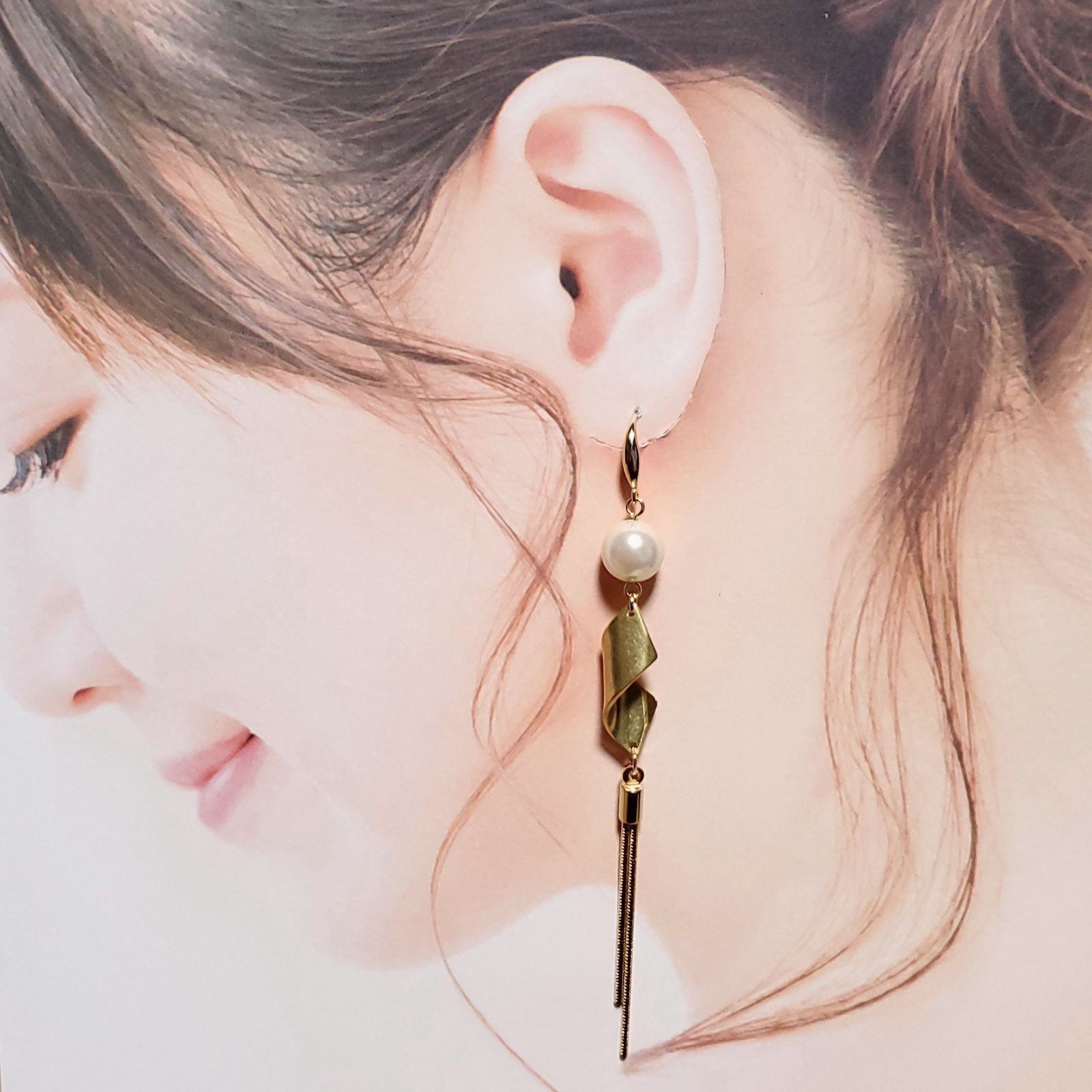 ꫛꫀꪝ✧‧˚〖CREA〗シルキーパール 真鍮 ロングタイプピアス 