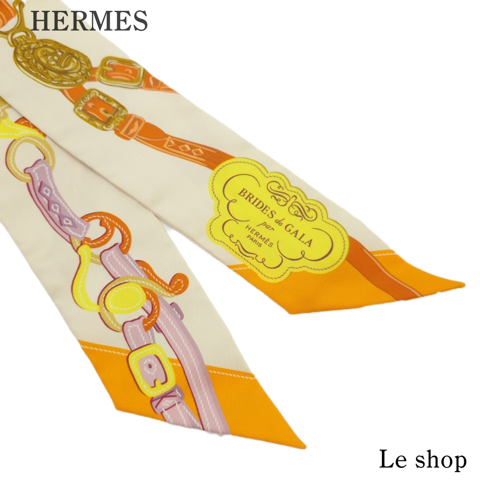 HERMES エルメス Twilly Brides de Gala Applique Pique ツイリー シルク オレンジ クリーム マルチ き