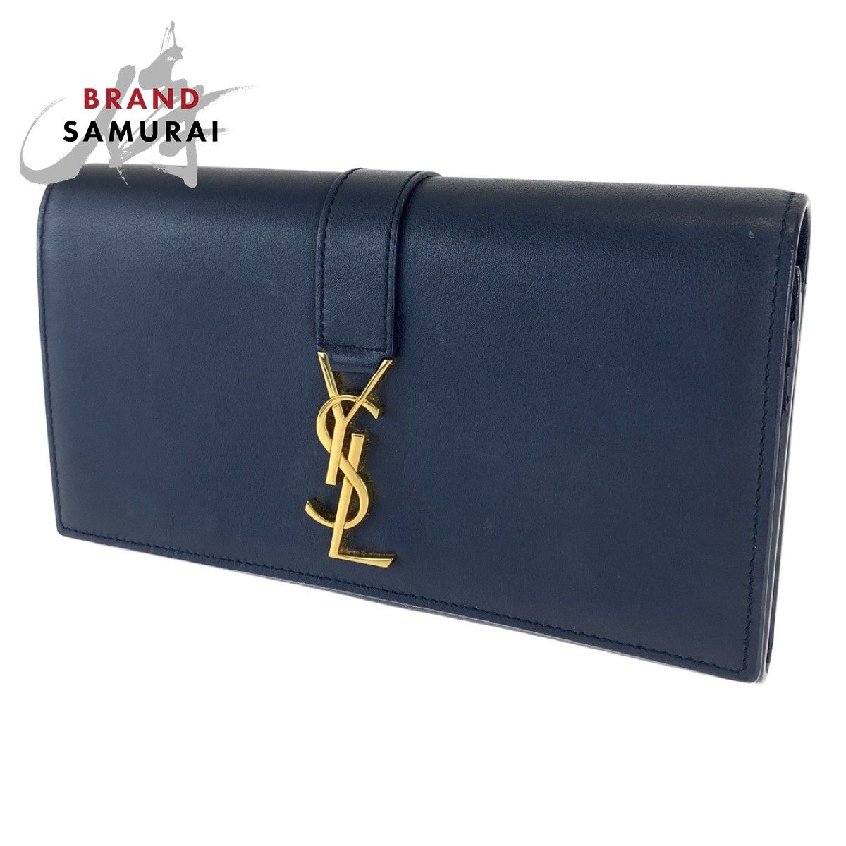 美品 SAINT LAURENT サンローラン YSL ネイビー レザー 二つ折り長財布 