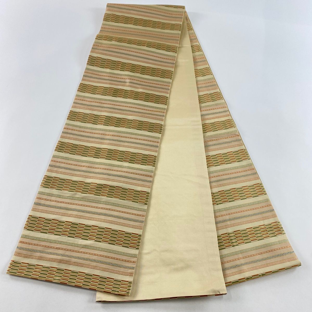 袋帯 美品 秀品 段縞 幾何学模様 ベージュ 全通 正絹 【中古