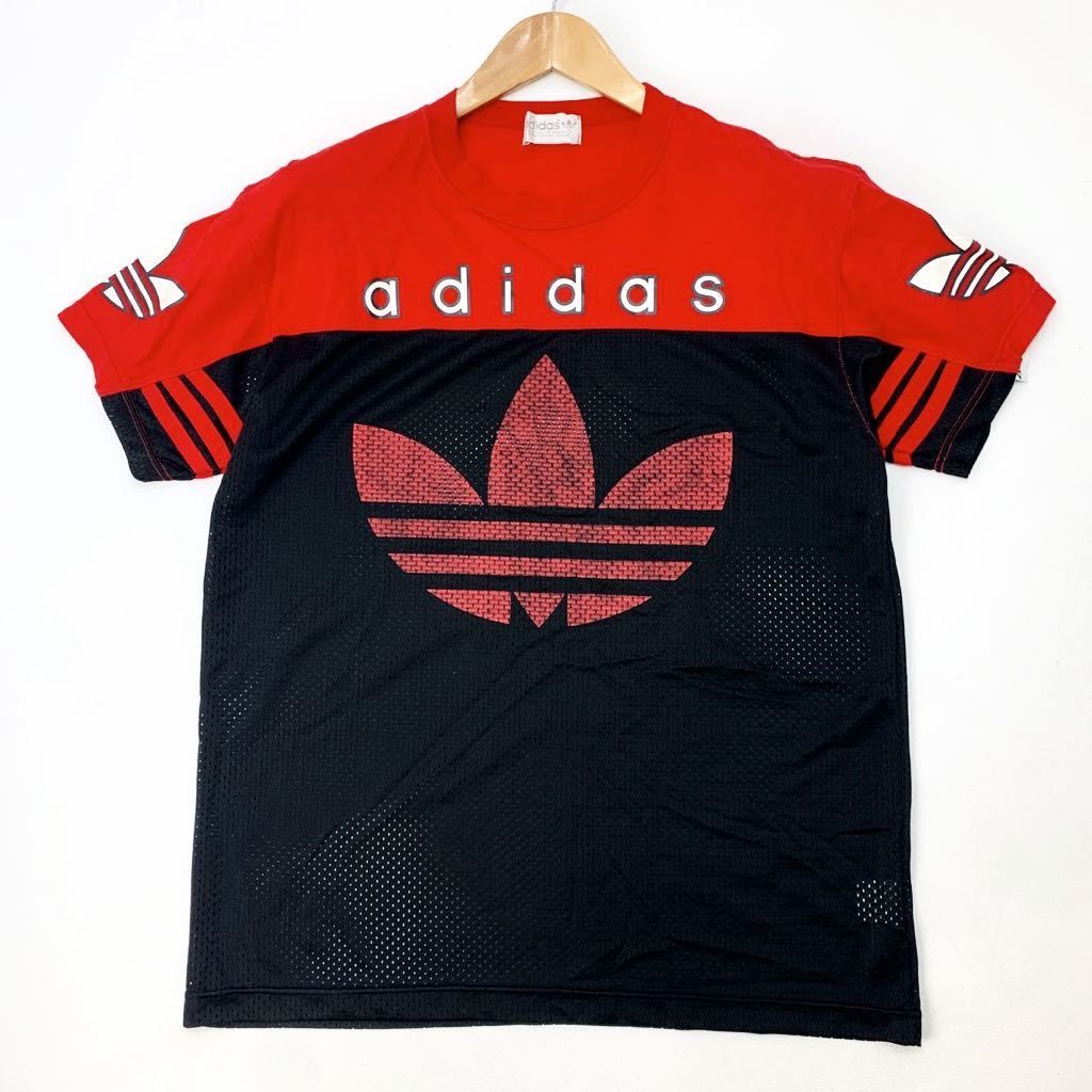 アディダス  adidas 80s ヴィンテージ シルバータグ メッシュ コットン切り替え ゲームシャツ レッド ブラック M-L ストリートA207