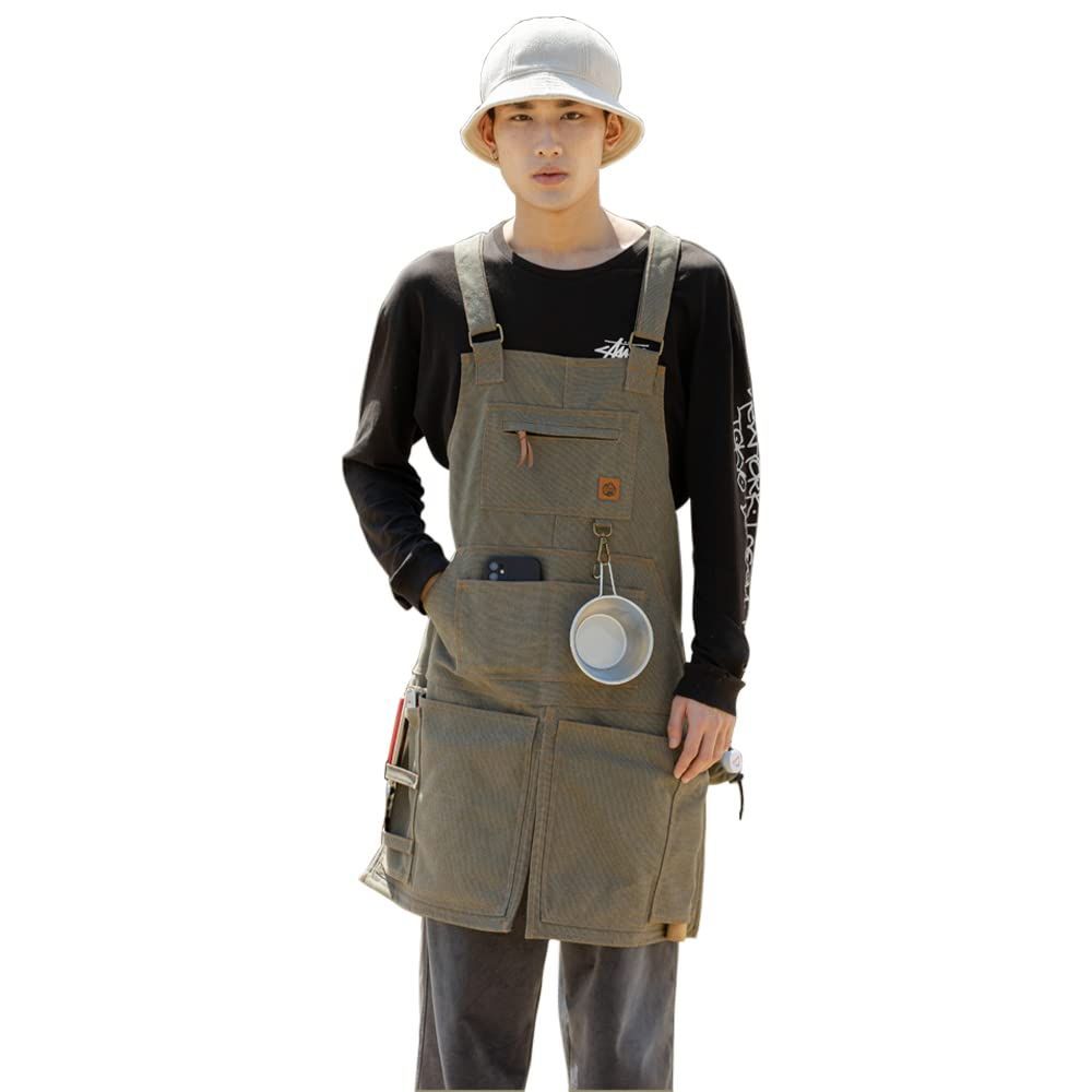 Color カーキ Makalu アウトドア エプロン キャンプ エプロン BBQ エプロン 焚き火 耐熱 生地 防護 車中泊 しゃちゅうはく 携帯 けいたい outdoor キャンバス 前掛け カフェエプロン ワークエプロン 作業用 職人 フリーサイズ