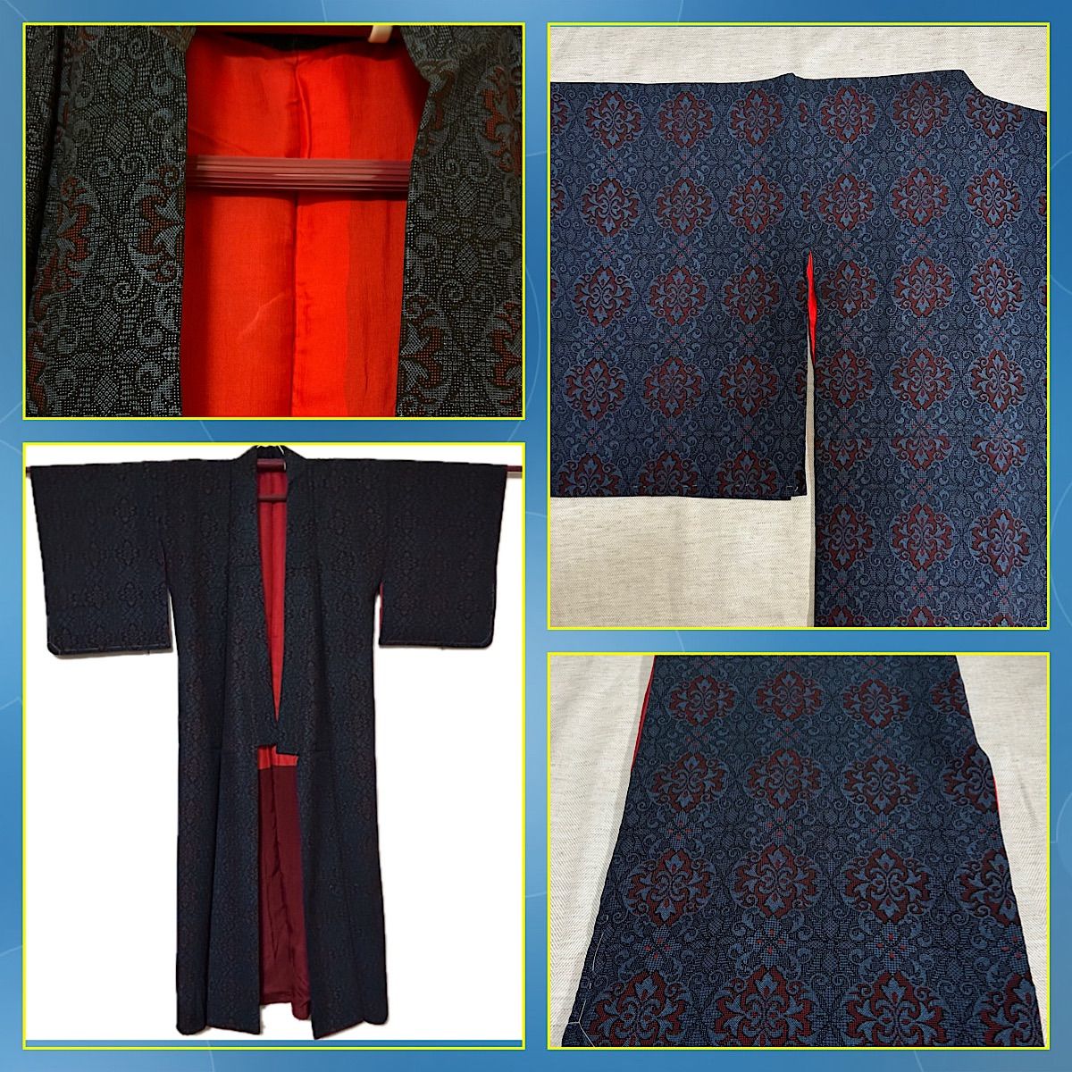 菊唐草　古代菊文様　 サラッと柔らかな紬のお着物です トール裄長　未使用しつけ糸 菊唐草 古代菊文様 サラッと柔らかな紬のお着物です トール裄長 未使用