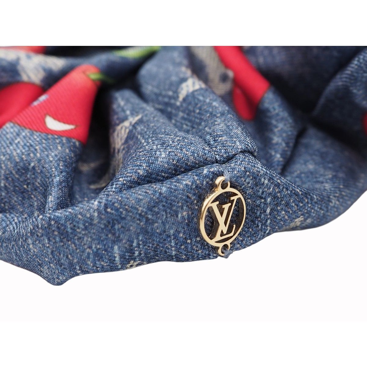 N LOUIS VUITTON ルイ ヴィトン LV×TM シュシュ モノグラム デニム チェリー ヘア ヘアゴム シルク デニムブルー マルチ 村上隆 ゴールド金具 M96595 イタリア製