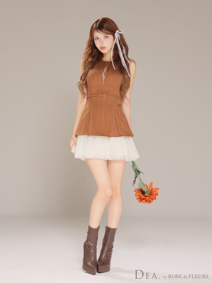 キャメルアイボリー DE3444 DEA. by ROBE de FLEURS ディアバイローブドフルール ツイル ジッパー ウエストベルト ノースリーブ チュール ティアード フ ミニドレス キャバドレス ワンピース