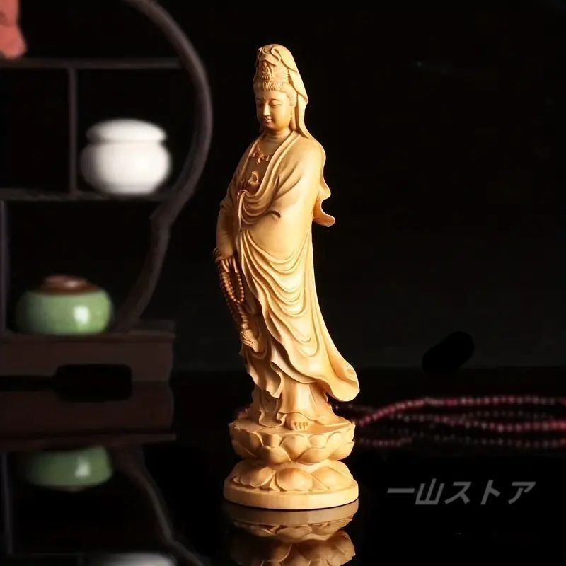 観音菩薩像 - 繊細な木彫りの仏像手作り木製観音像 1個