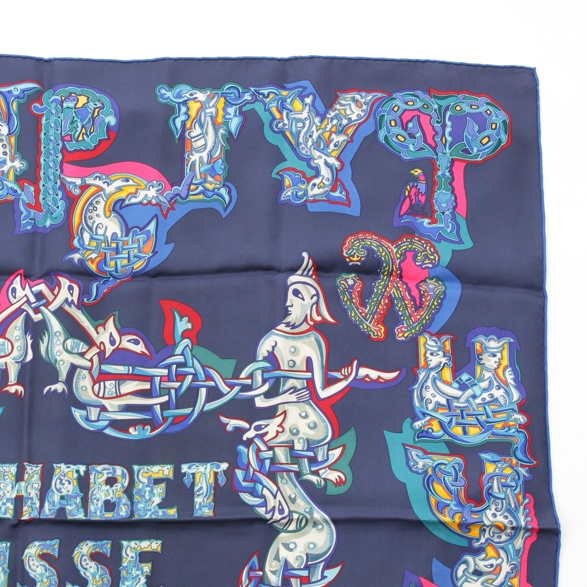 エルメス カレ90 ALPHABET RUSSE シルク スカーフ ネイビー【中古 