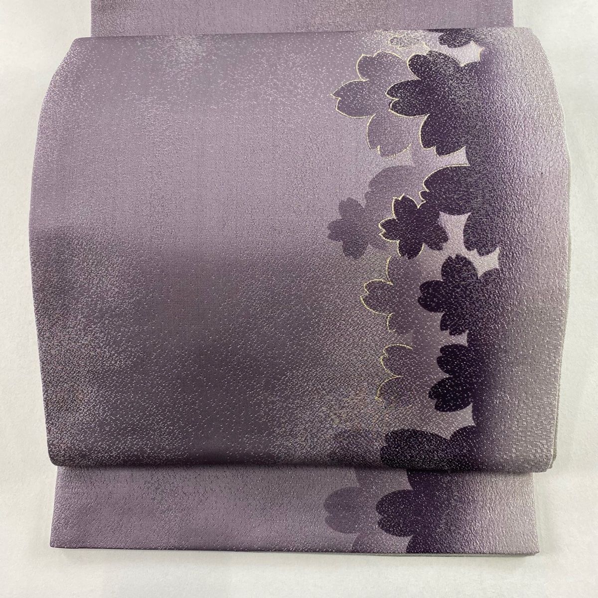正絹袋帯 (蝶 桜柄 緑 金、銀糸)リメイクショルダーバック 袋帯 美品 秀品 桜 シルエット 銀糸 金彩 紫 お太鼓柄 正絹