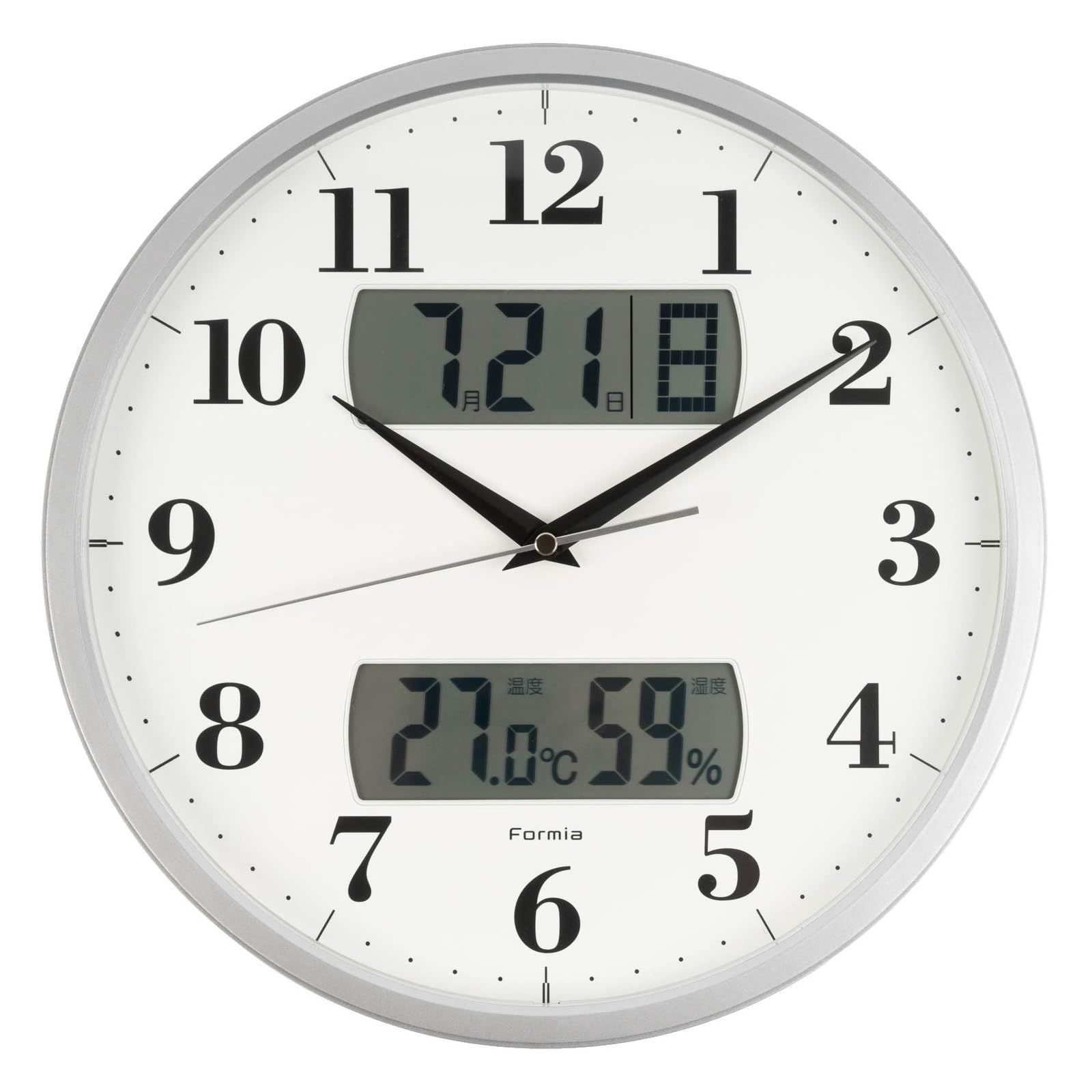 【人気商品】Formia(フォルミア) 掛け時計 時計 壁掛け 電波時計 温度 湿度 温湿度計 日付カレンダー 曜日 夜間秒針停止 静音 アナログ 保土ヶ谷電子販売 シルバー HWC-001RCSV