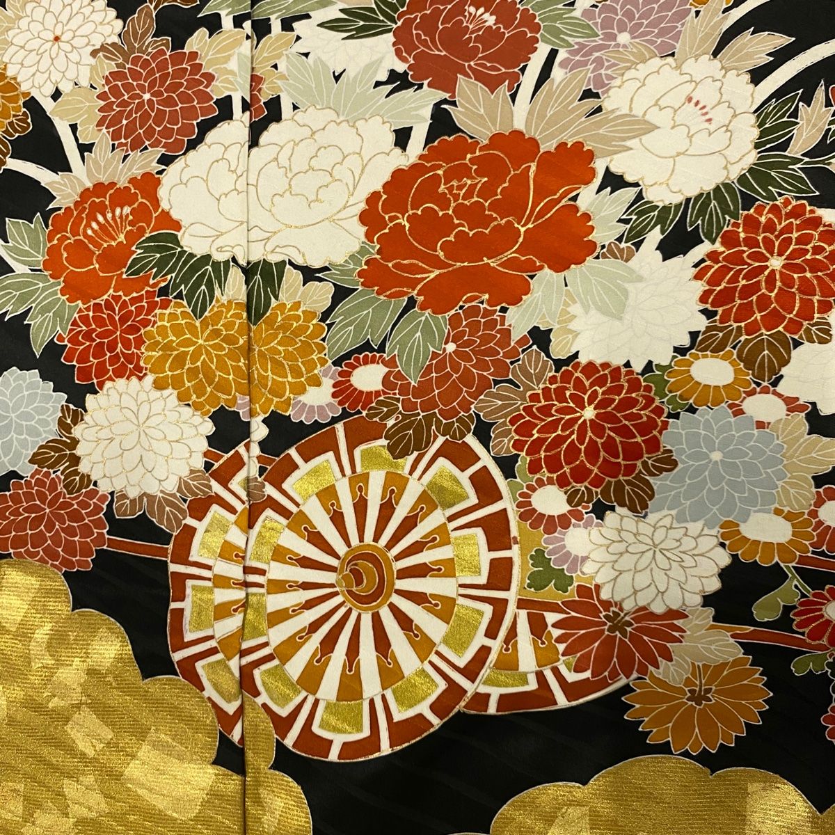 振袖 身丈176cm 裄丈64cm 未仕立て 仮絵羽 花車 松竹梅 金彩 黒 正絹  